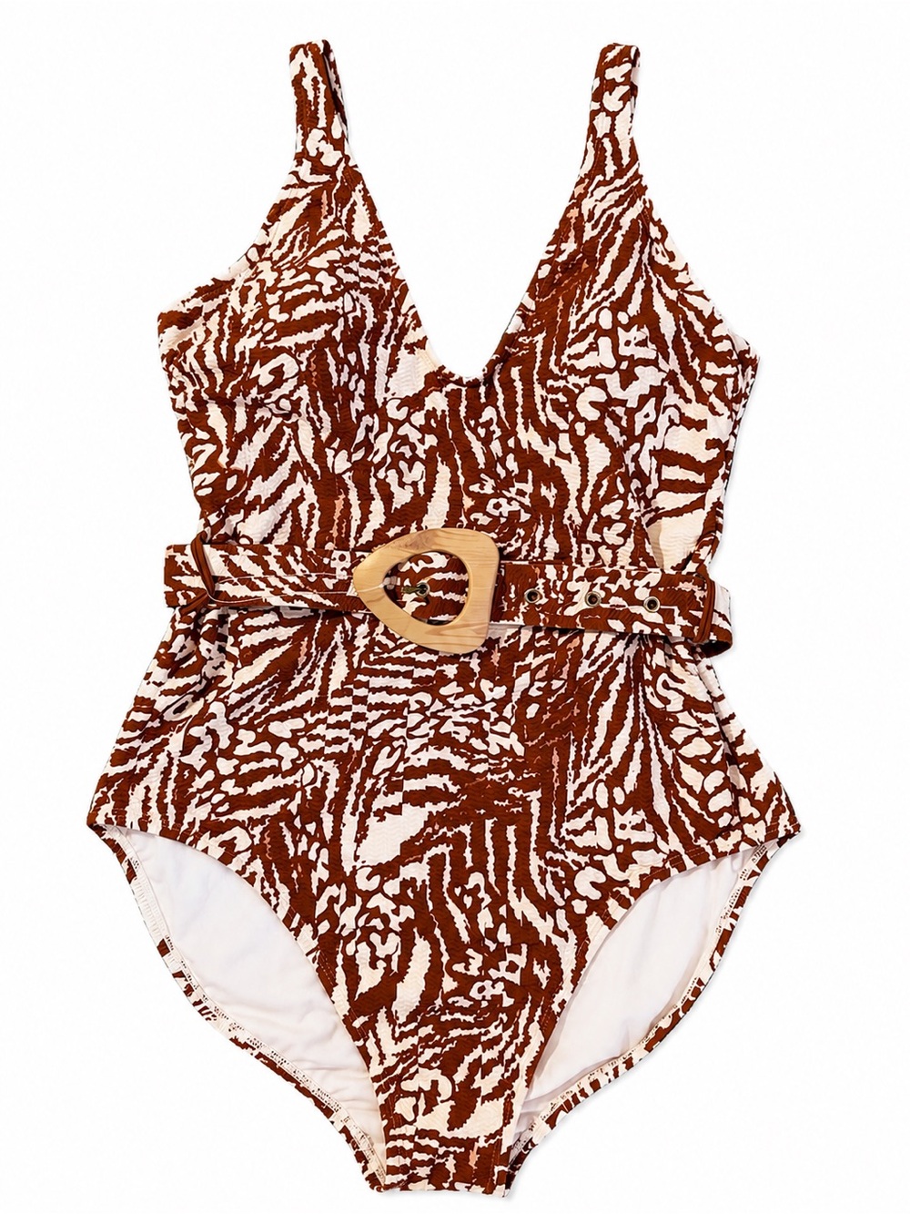Time and Tru One Piece Swimsuit Belted Brown Cream Print Size L NWT